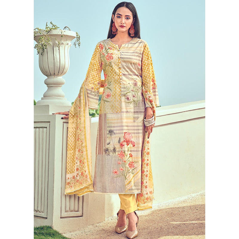 3 Pc Yellow Unstitched Cotton Suit Set - JD986607391