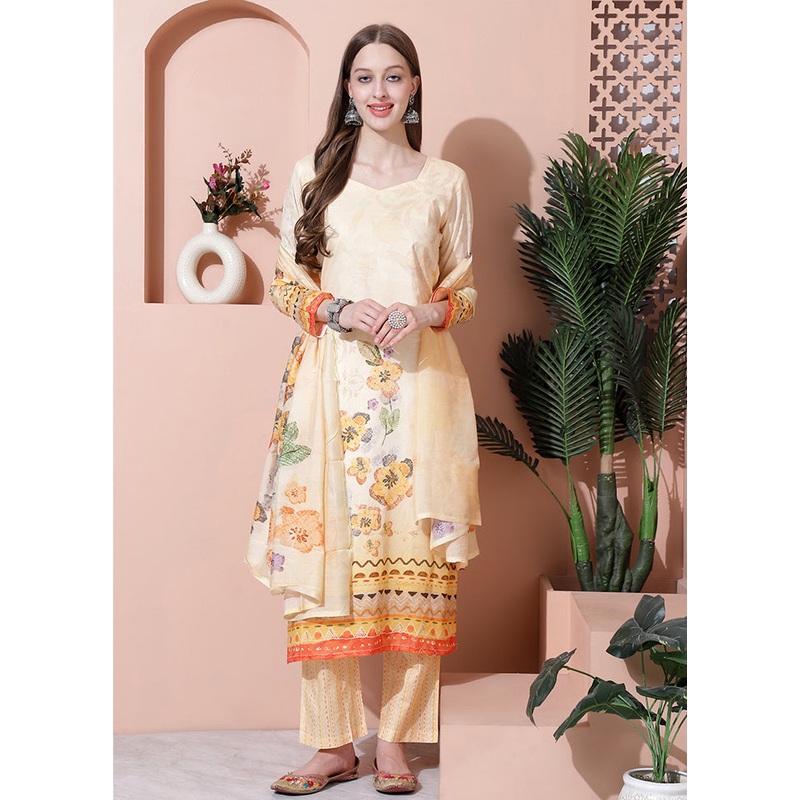 3 Pc Yellow Unstitched Cotton Suit Set - JD986607392