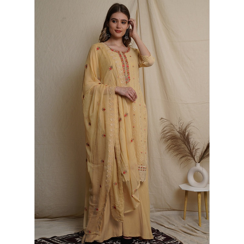 3 Pc Yellow Unstitched Georgette Suit Set - JD986607394
