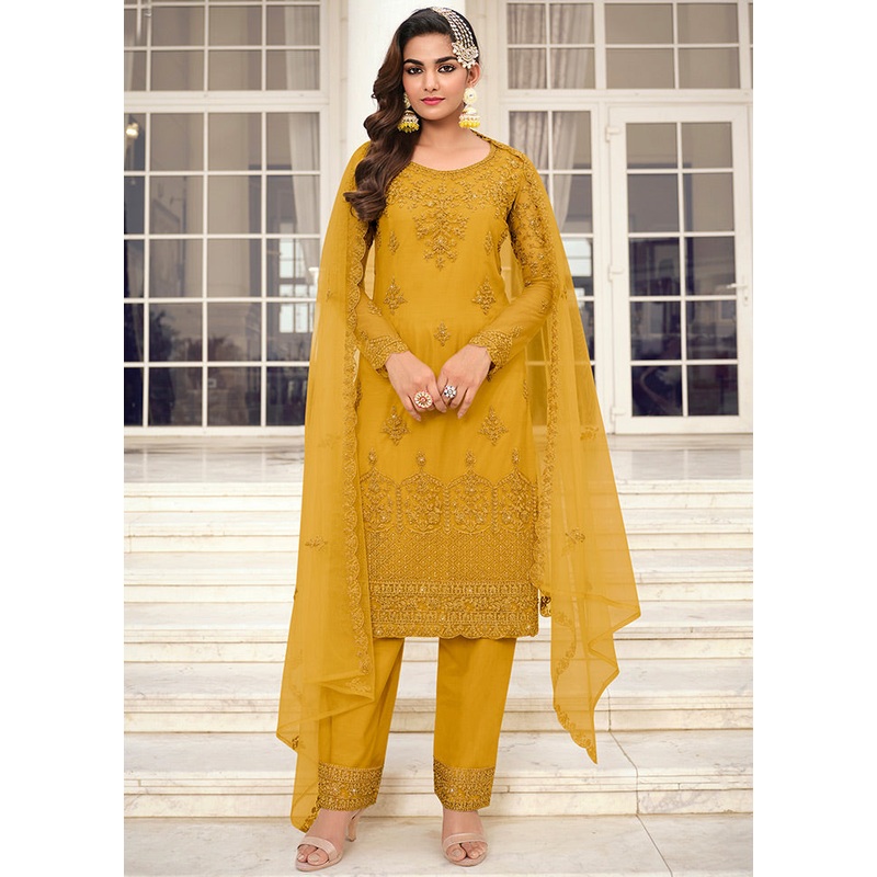 3 Pc Yellow Unstitched Net Suit Set - JD986607396