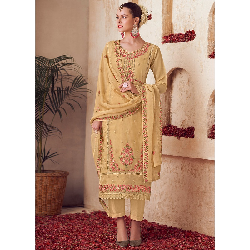 3 Pc Yellow Unstitched Net Suit Set - JD986607397