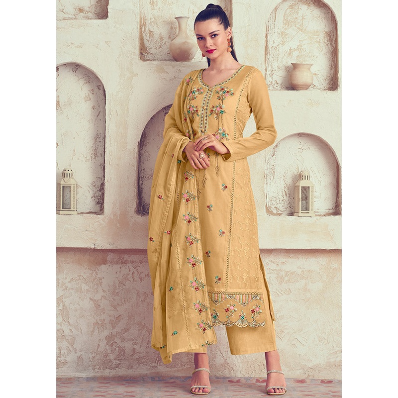3 Pc Yellow Unstitched Net Suit Set - JD986607398