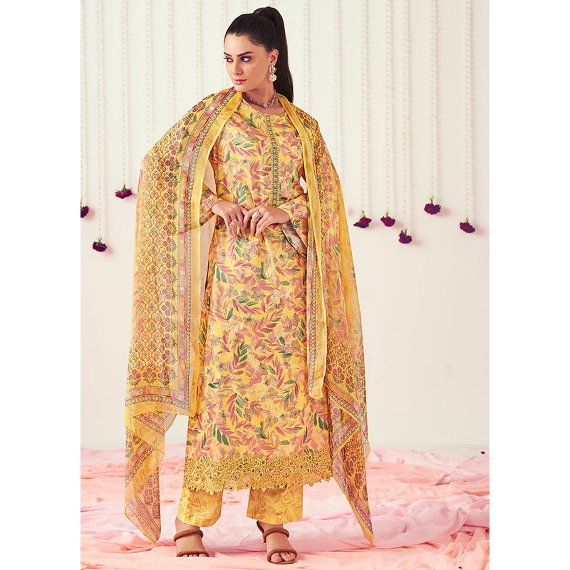 3 Pc Yellow Unstitched Pure Cotton Suit Set - JD986607399