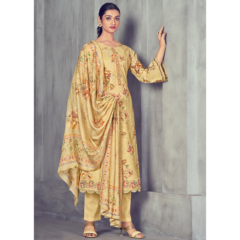 3 Pc Yellow Unstitched Pure Cotton Suit Set - JD986607400