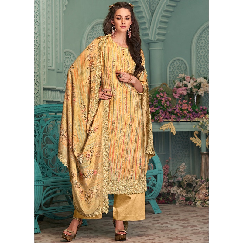 3 Pc Yellow Unstitched Pure Silk Suit Set - JD986607401