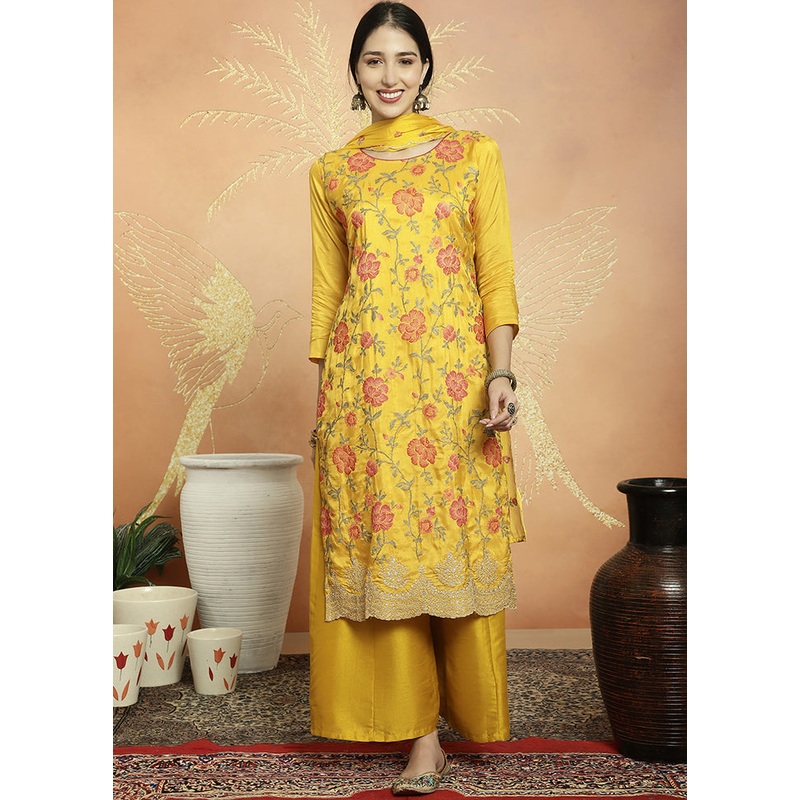 3 Pc Yellow Unstitched Silk Suit Set - JD986607402