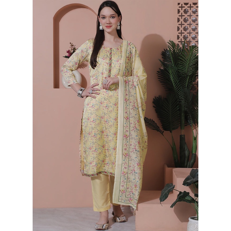 3 Pc Yellow Unstitched Silk Suit Set - JD986607403