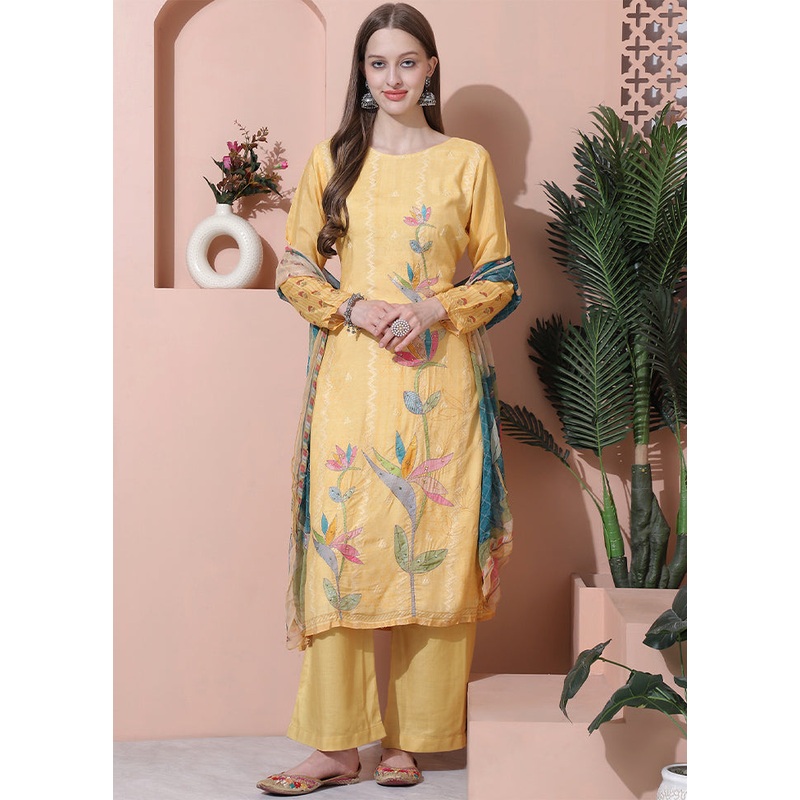 3 Pc Yellow Unstitched Silk Suit Set - JD986607405