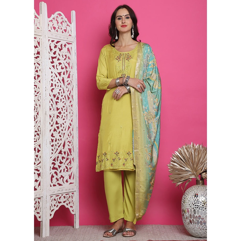 3 Pc Yellow Unstitched Silk Suit Set - JD986607406