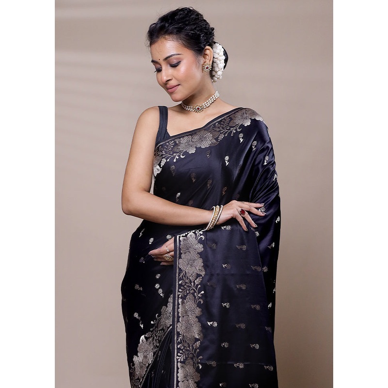 Black Dupion Silk Saree With Blouse Piece - JD986607527