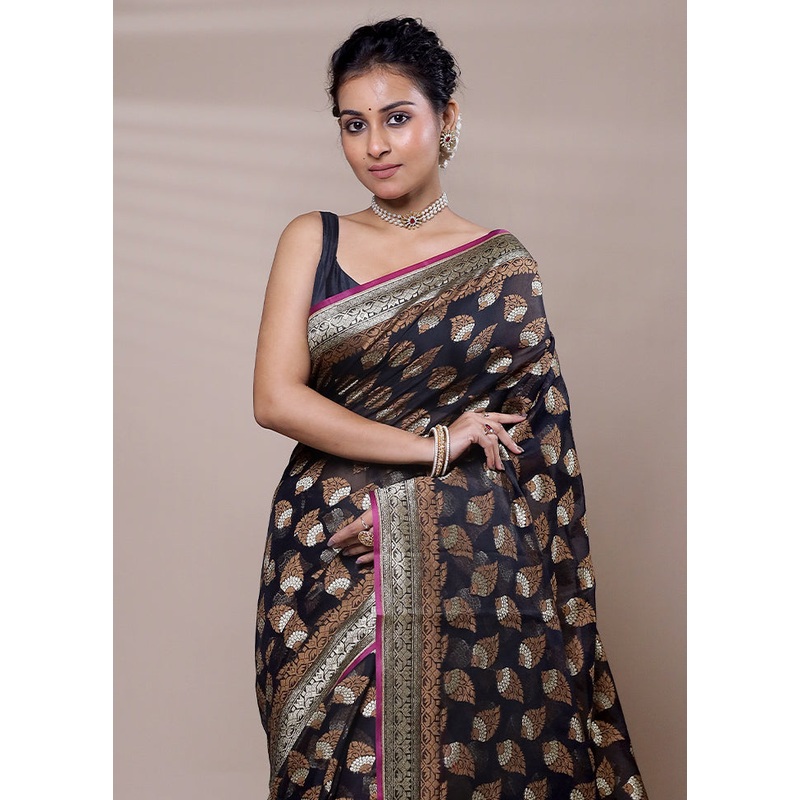 Black Kora Silk Saree With Blouse Piece - JD986607526