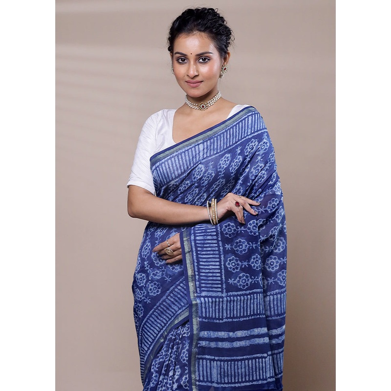 Blue Chanderi Cotton Saree With Blouse Piece - JD986607525