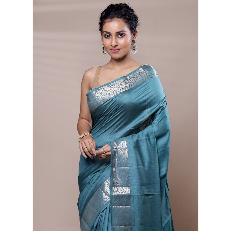 Blue Dupion Silk Saree With Blouse Piece - JD986607524