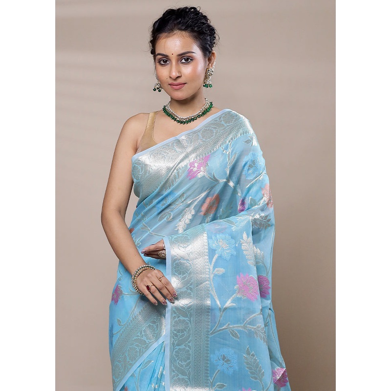 Blue Organza Saree With Blouse Piece - JD986607519