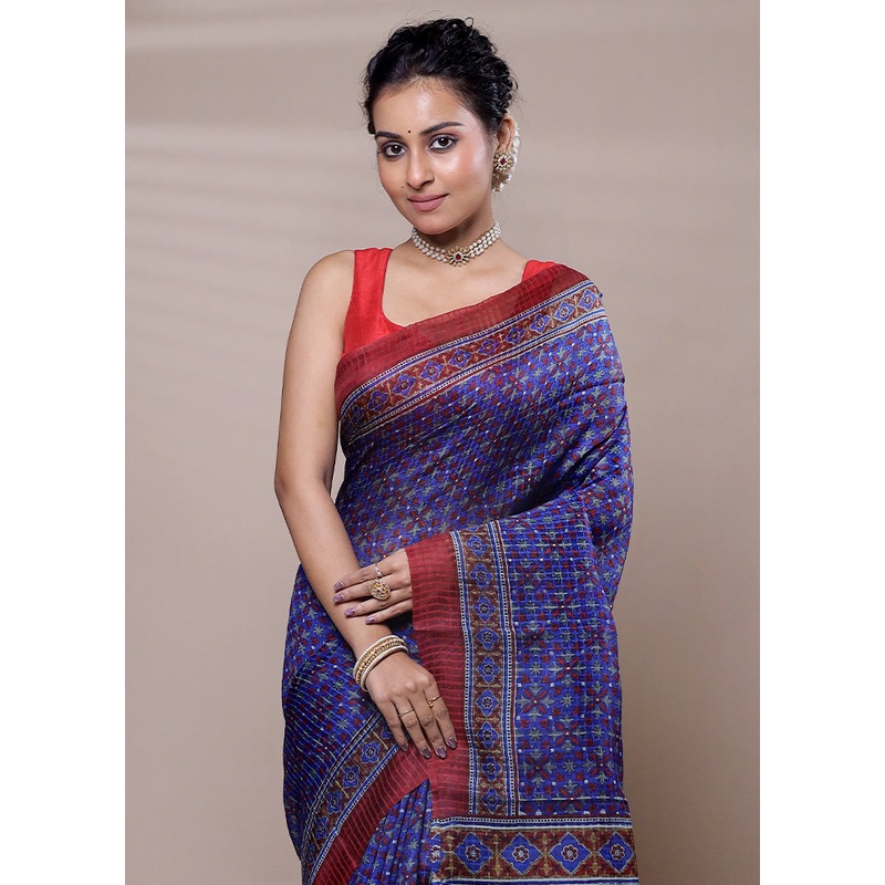 Blue Printed Pure Silk Saree Without Blouse Piece - JD986607518