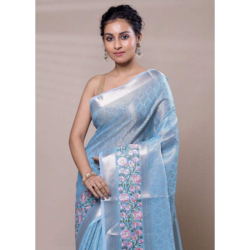 Blue Tissue Silk Saree With Blouse Piece - JD986607517