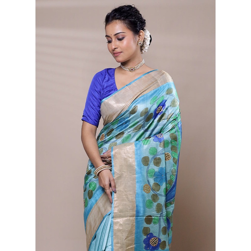 Blue Tussar Silk Saree With Blouse Piece - JD986607514