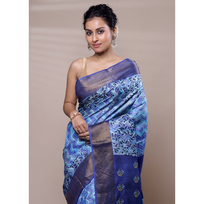 Blue Tussar Silk Saree With Blouse Piece - JD986607515