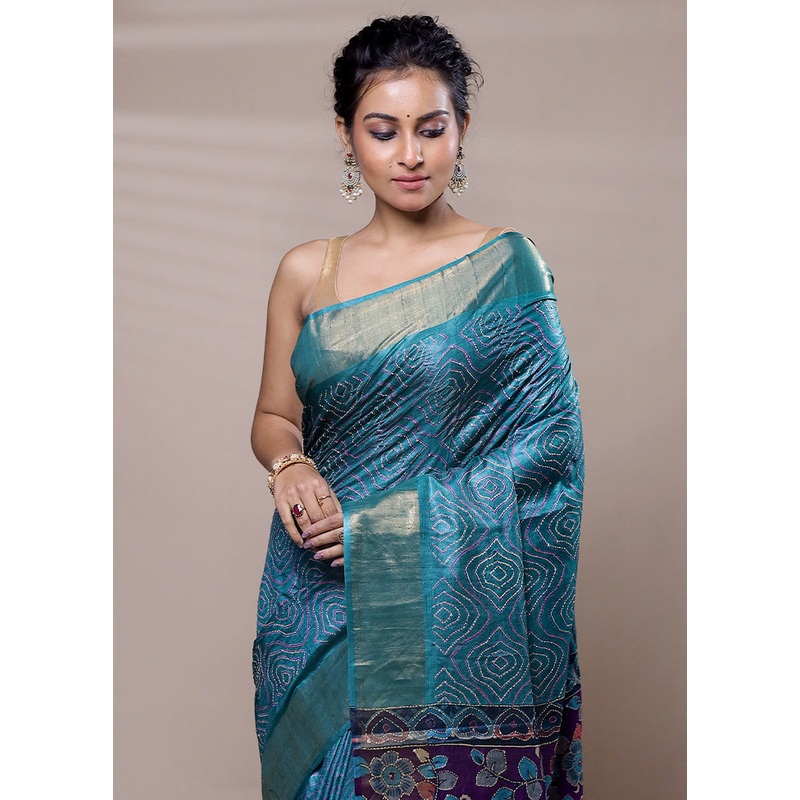 Blue Tussar Silk Saree With Blouse Piece - JD986607516