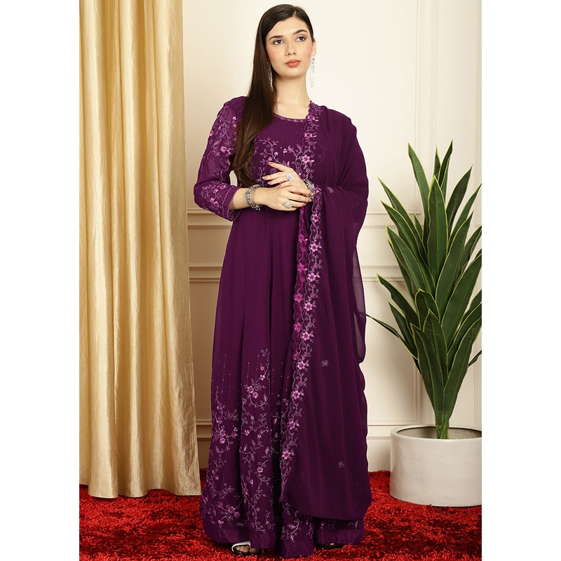 Burgundy Semi Stitched Georgette Indian Dress - JD986607408