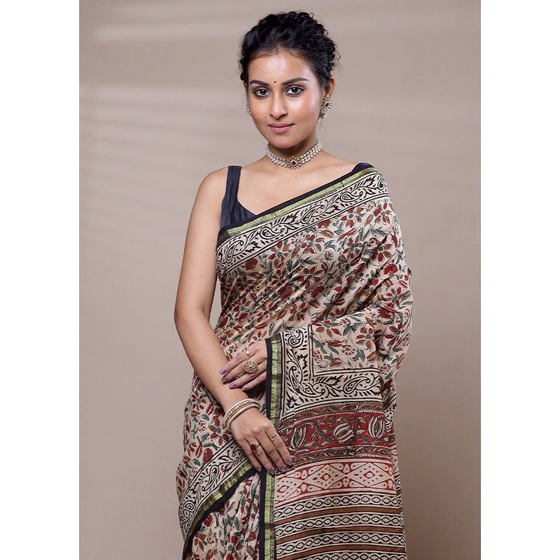 Cream Chanderi Cotton Saree With Blouse Piece - JD986607512