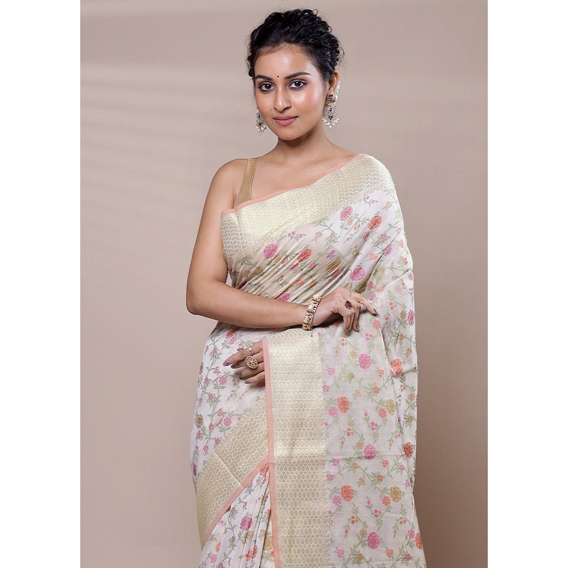 Cream Cotton Saree With Blouse Piece - JD986607511