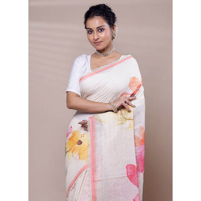 Cream Linen Silk Saree With Blouse Piece - JD986607509