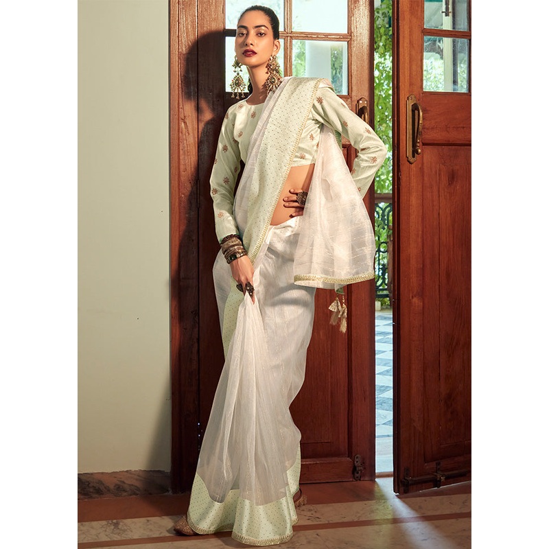 Cream Organza Saree With Blouse Piece - JD986607418