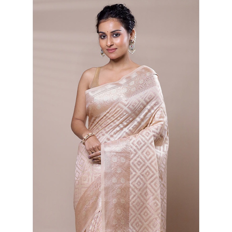 Cream Tissue Silk Saree With Blouse Piece - JD986607507