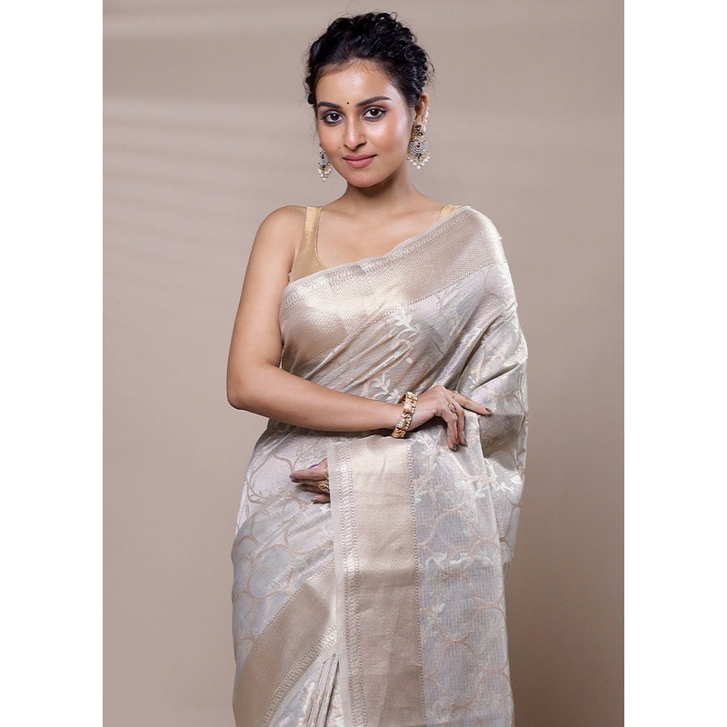Cream Tissue Silk Saree With Blouse Piece - JD986607508