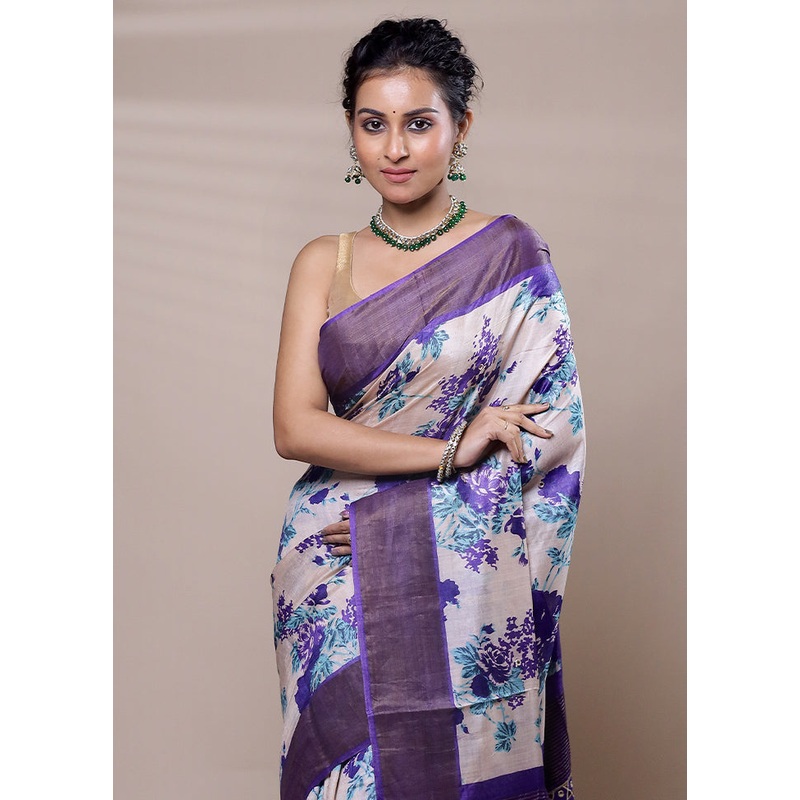 Cream Tussar Silk Saree With Blouse Piece - JD986607505