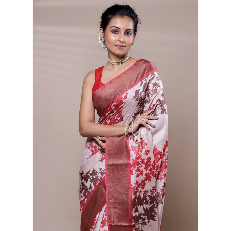 Cream Tussar Silk Saree With Blouse Piece - JD986607506