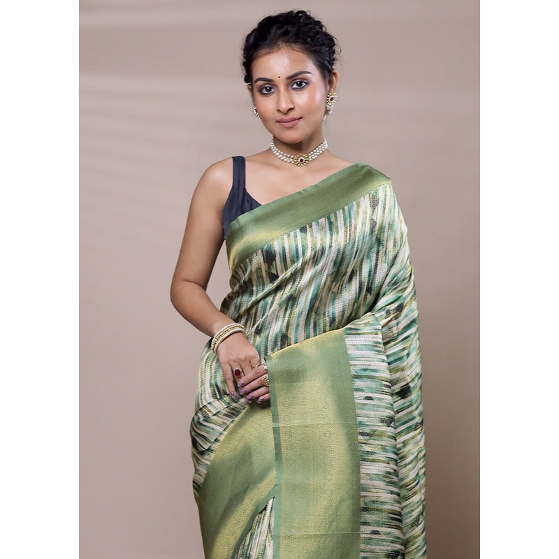 Green Dupion Silk Saree With Blouse Piece - JD986607501