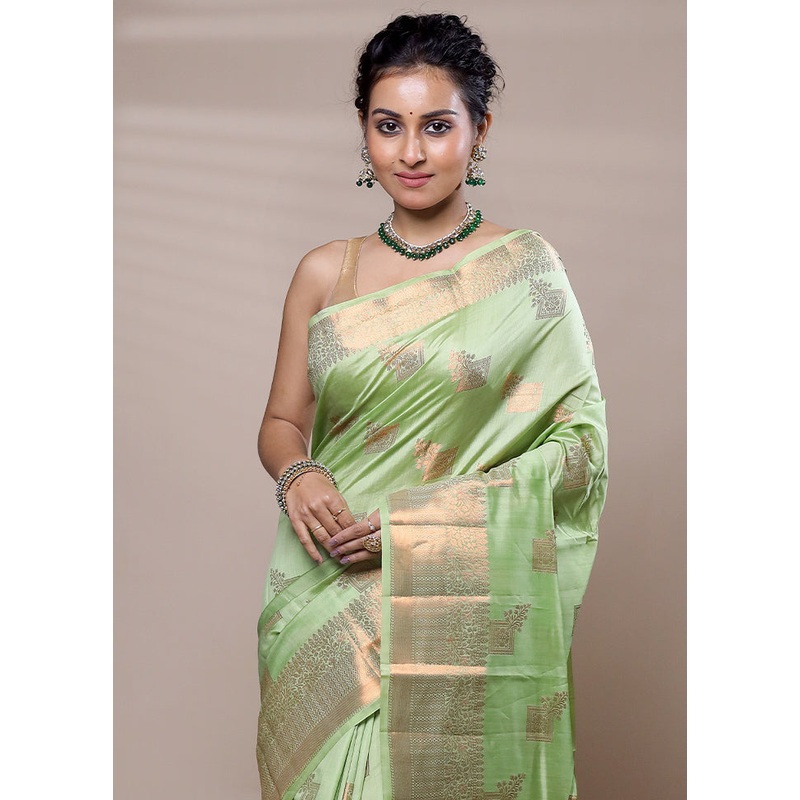Green Dupion Silk Saree With Blouse Piece - JD986607504