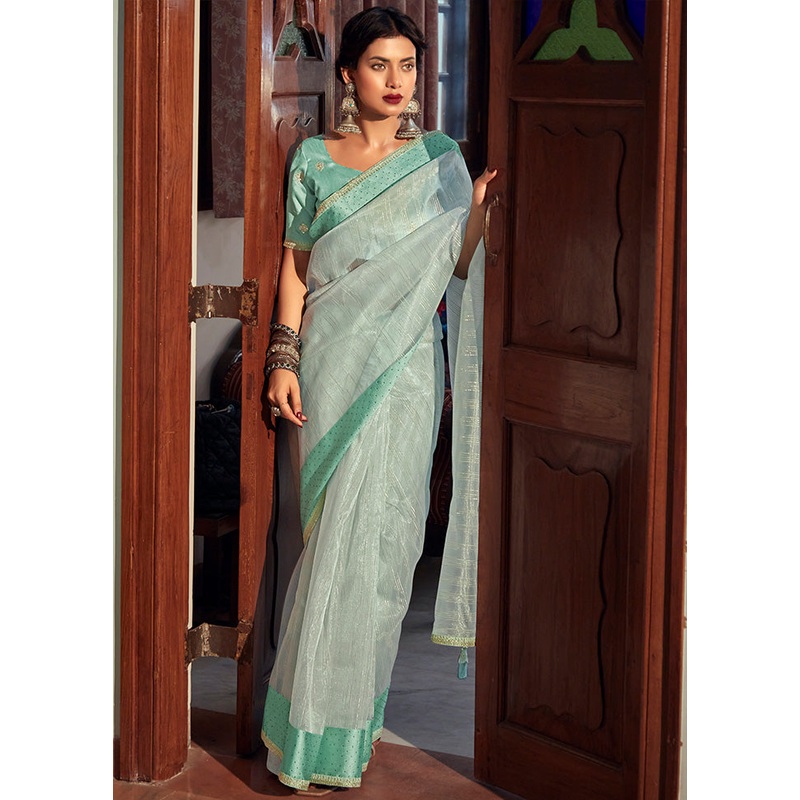 Green Organza Saree With Blouse Piece - JD986607421