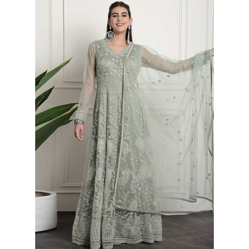 Green Semi Stitched Net Indian Dress - JD986607409