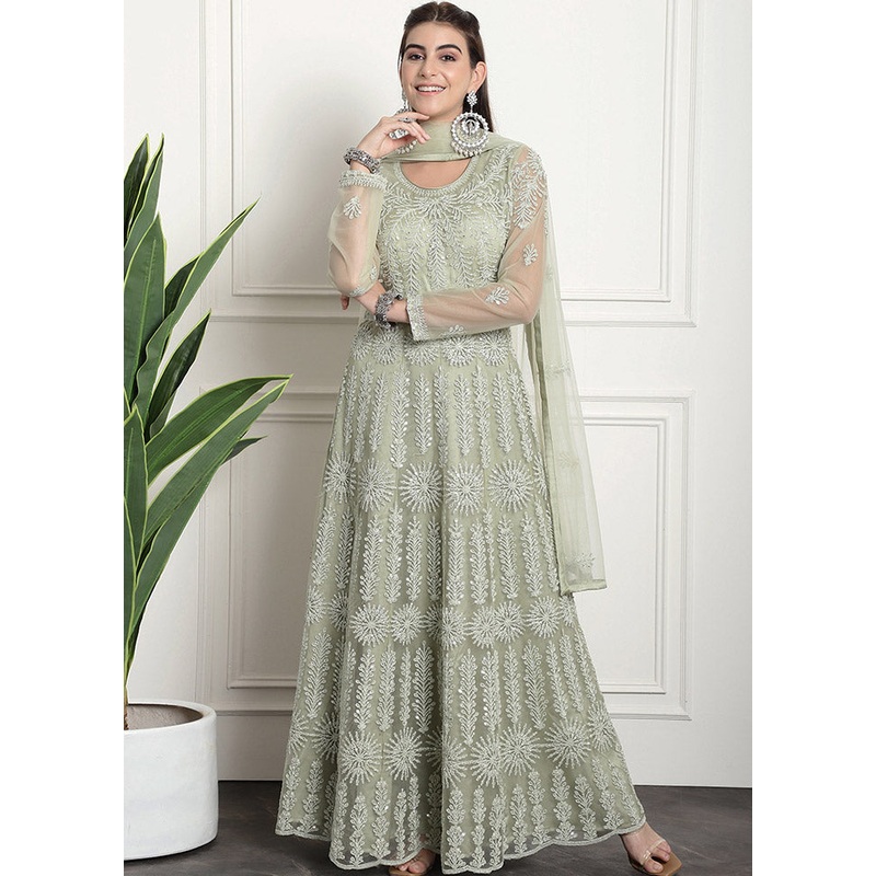 Green Semi Stitched Net Indian Dress - JD986607411