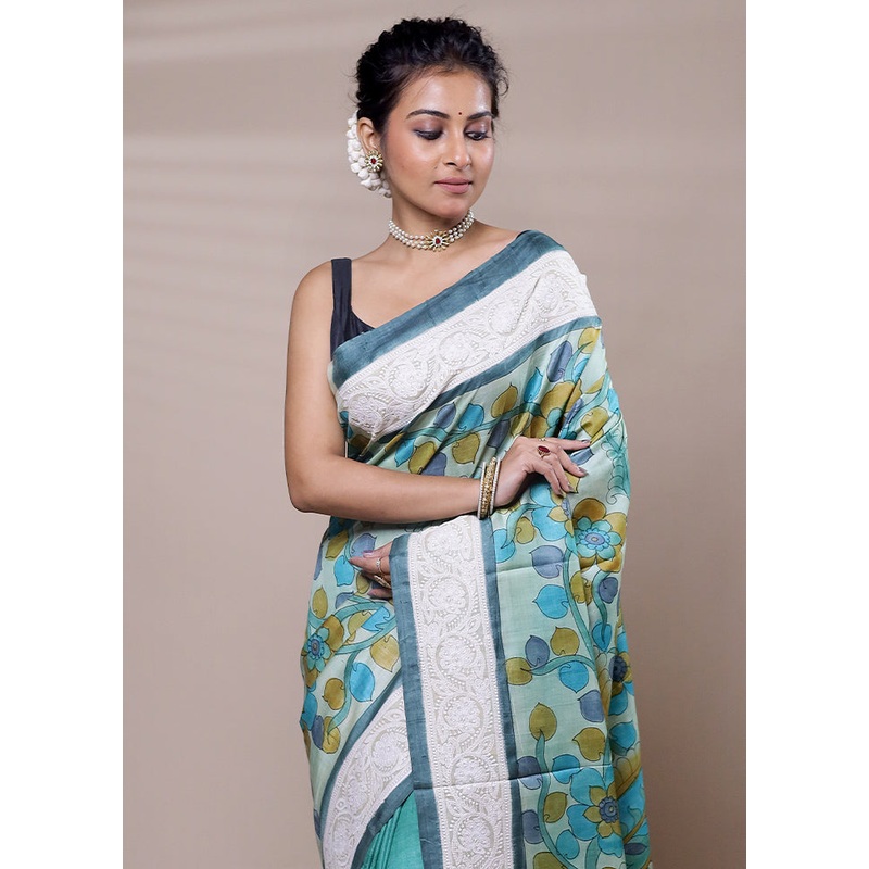 Green Tussar Silk Saree With Blouse Piece - JD986607497