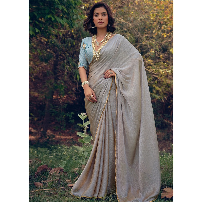 Grey Dupion Silk Saree With Blouse Piece - JD986607423