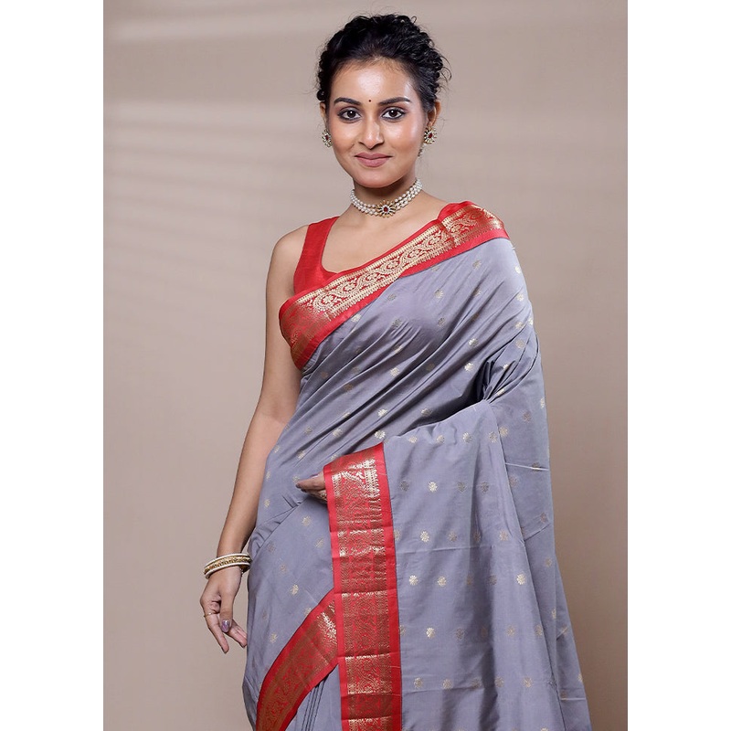 Grey Kanjivaram Silk Saree With Blouse Piece - JD986607496