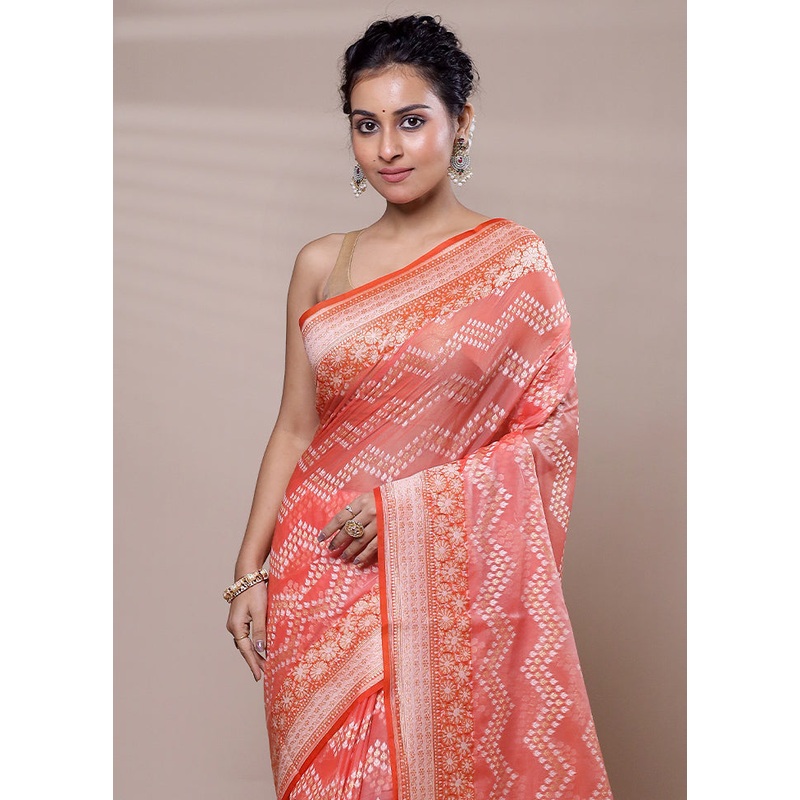 Orange Kora Silk Saree With Blouse Piece - JD986607493