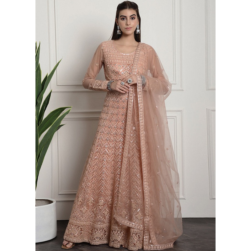 Peach Semi Stitched Net Indian Dress - JD986607412