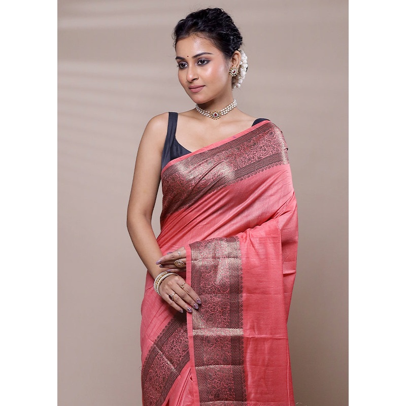 Pink Handloom Dupion Pure Silk Saree With Blouse Piece - JD986607491