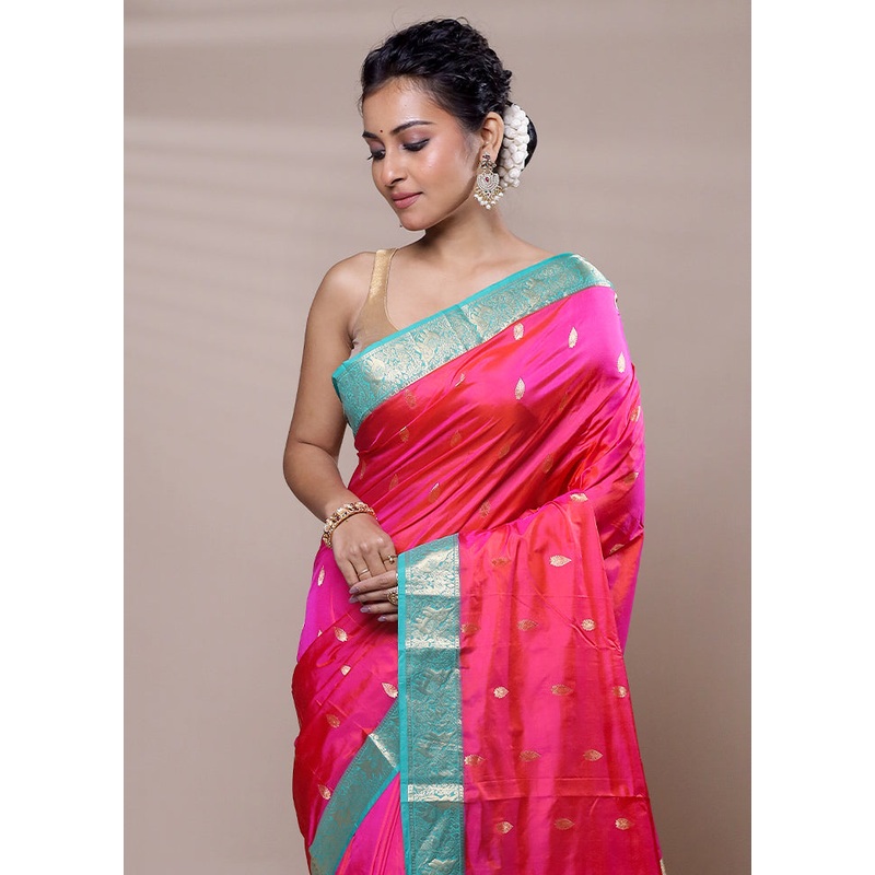Pink Handloom Kanjivaram Pure Silk Saree With Blouse Piece - JD986607490