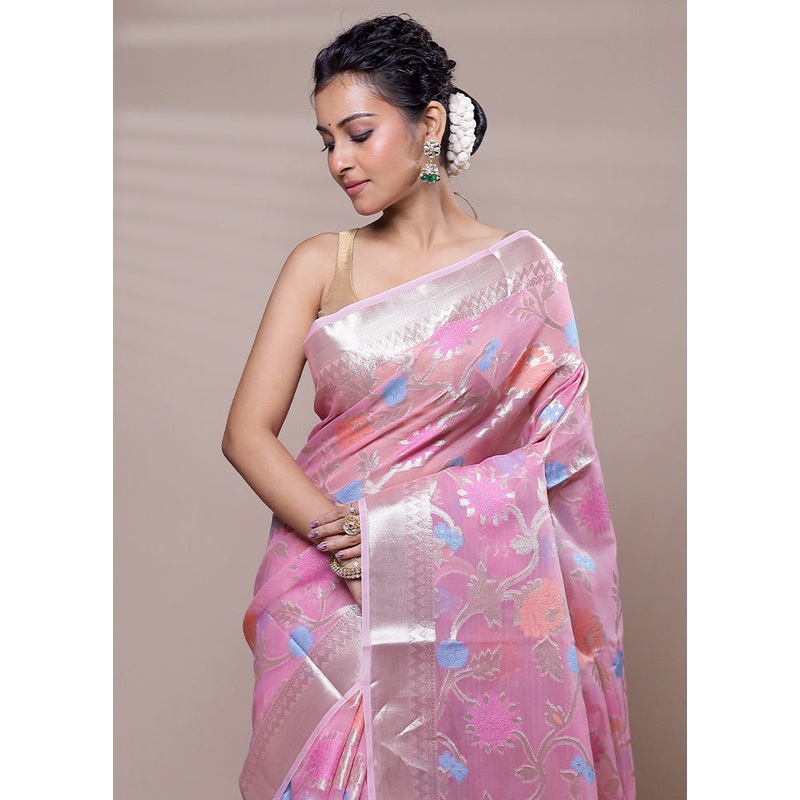 Pink Organza Saree With Blouse Piece - JD986607488