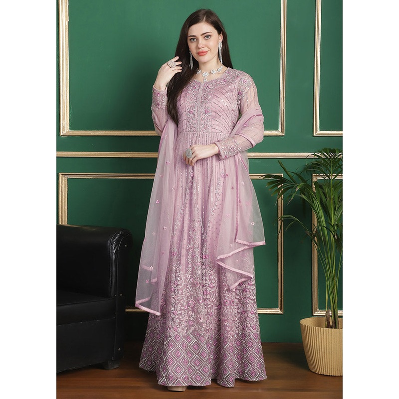 Pink Semi Stitched Net Indian Dress - JD986607413