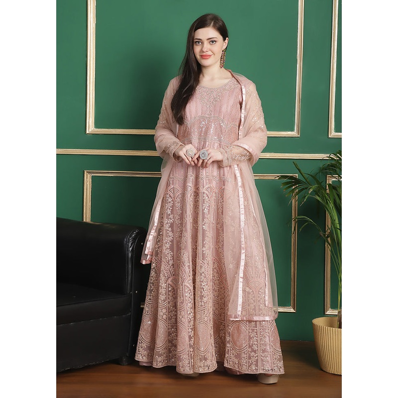 Pink Semi Stitched Net Indian Dress - JD986607414