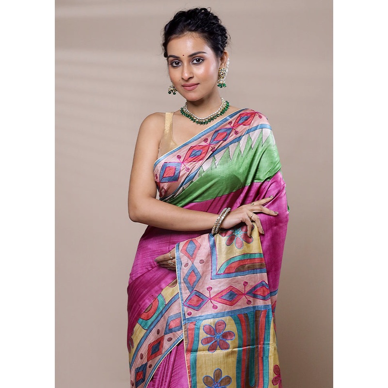Pink Tussar Silk Saree With Blouse Piece - JD986607486