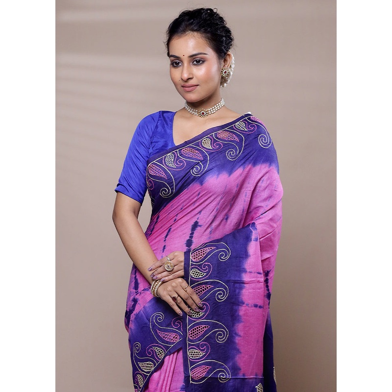 Pink Tussar Silk Saree With Blouse Piece - JD986607487