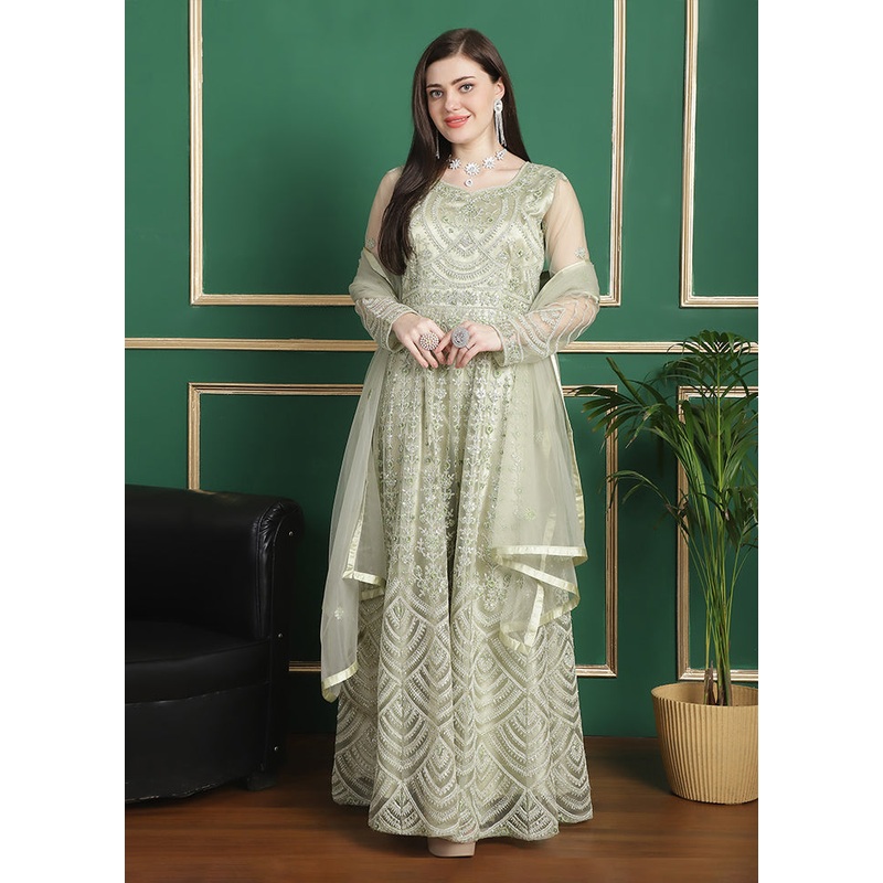 Pista Green Semi Stitched Net Indian Dress - JD986607415